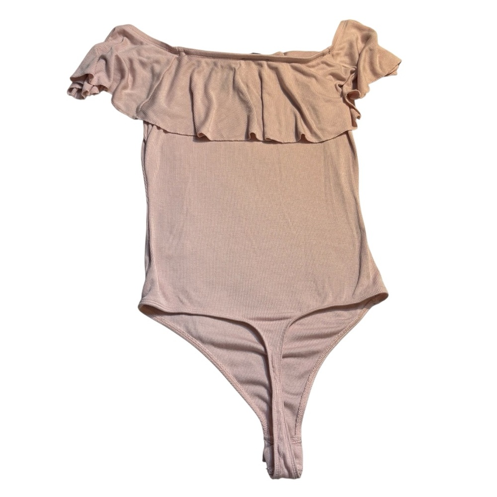Express Bodysuit XS Ruffled Off-Shoulder Top Light Pink Ribbed Rayon Spandex - Picture 8 of 14